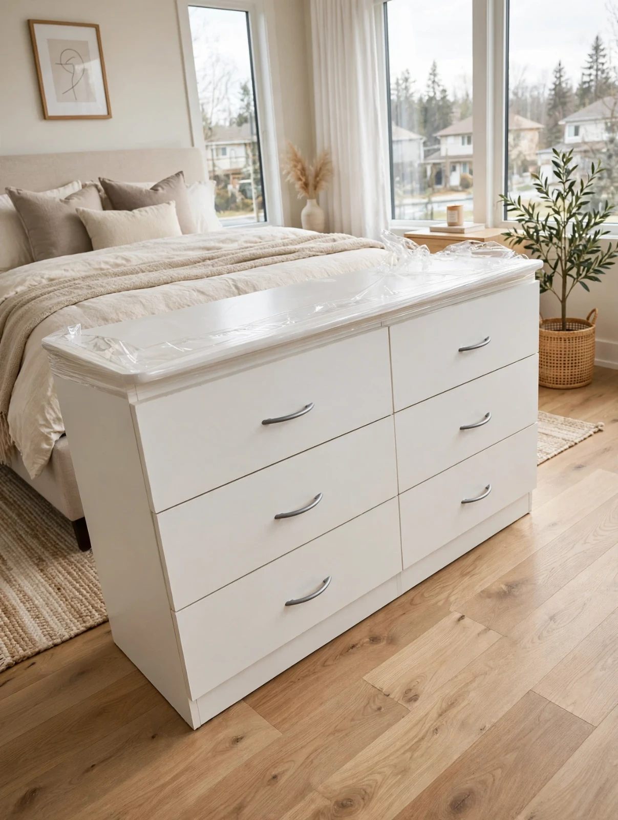 Classic White 6-Drawer Bedroom Dresser with Curved Silver Handles thumbnail 3