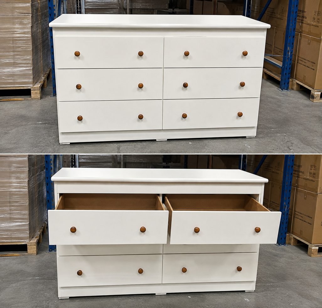  Elegant 6-Drawer White Wooden Dresser with Natural Wood Knobs thumbnail 2