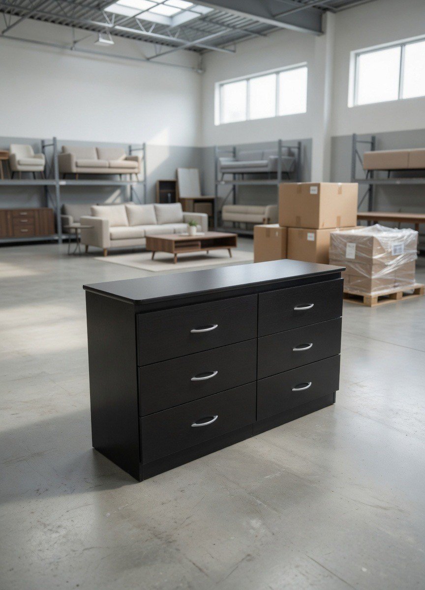 Modern Dark Espresso Black 6-Drawer Bedroom Dresser with Silver Curved Handles