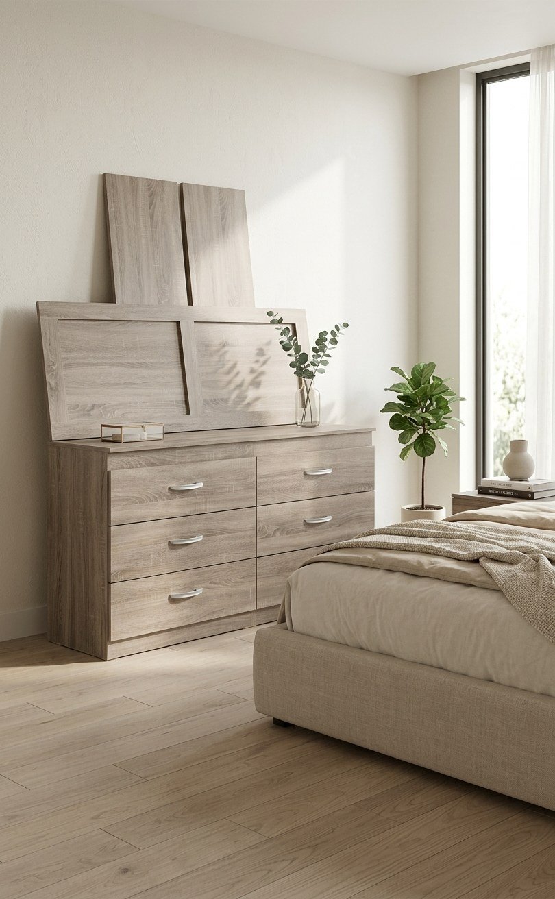 Modern Oak 6-Drawer Bedroom Dresser with Back Panel & Curved Silver Handles thumbnail 2