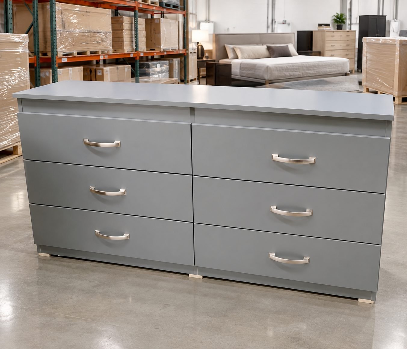 Modern Slate Grey 6-Drawer Bedroom Dresser with Curved Silver Handles thumbnail 2