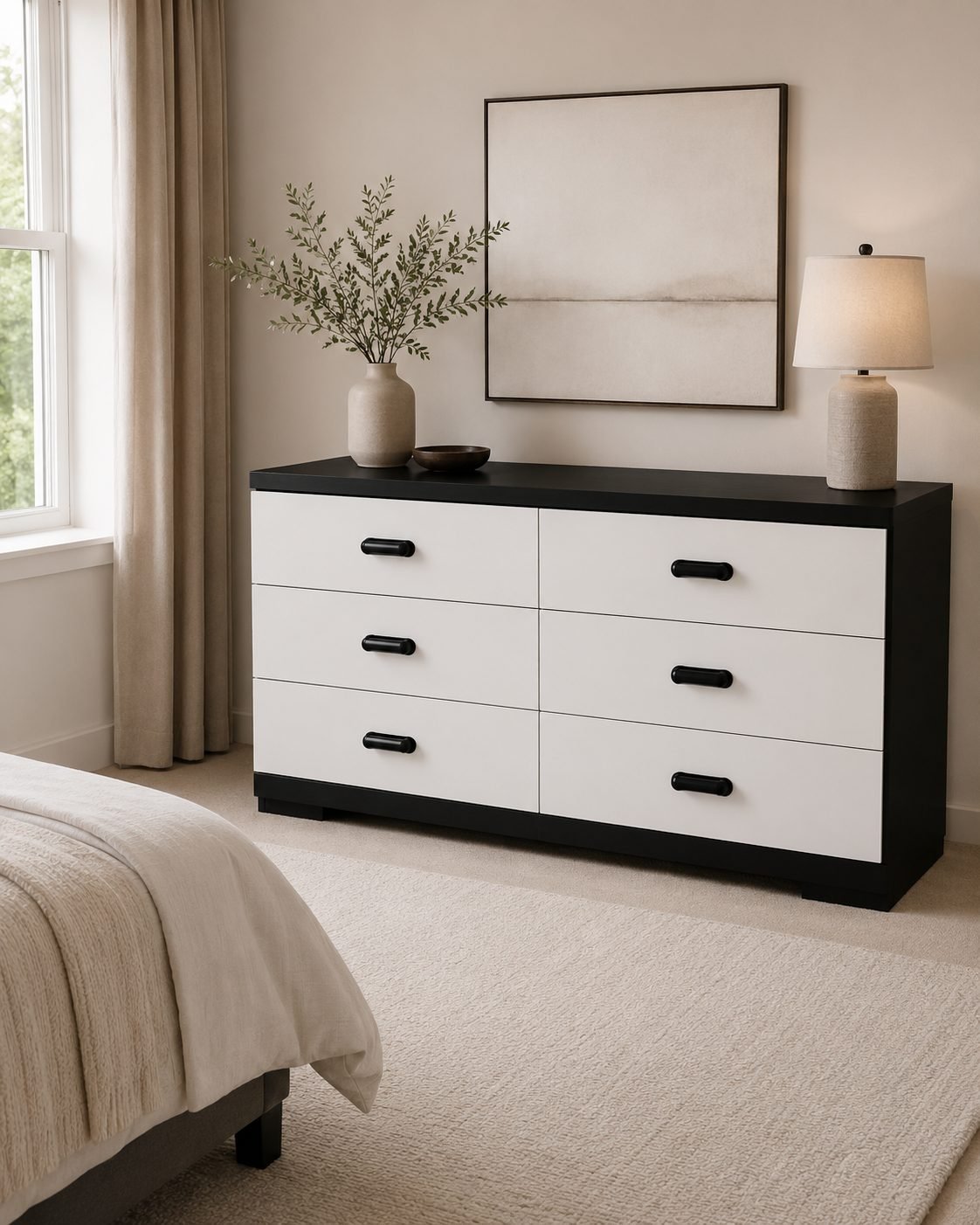 Modern White & Black 6-Drawer Dresser with Black Handles thumbnail 2