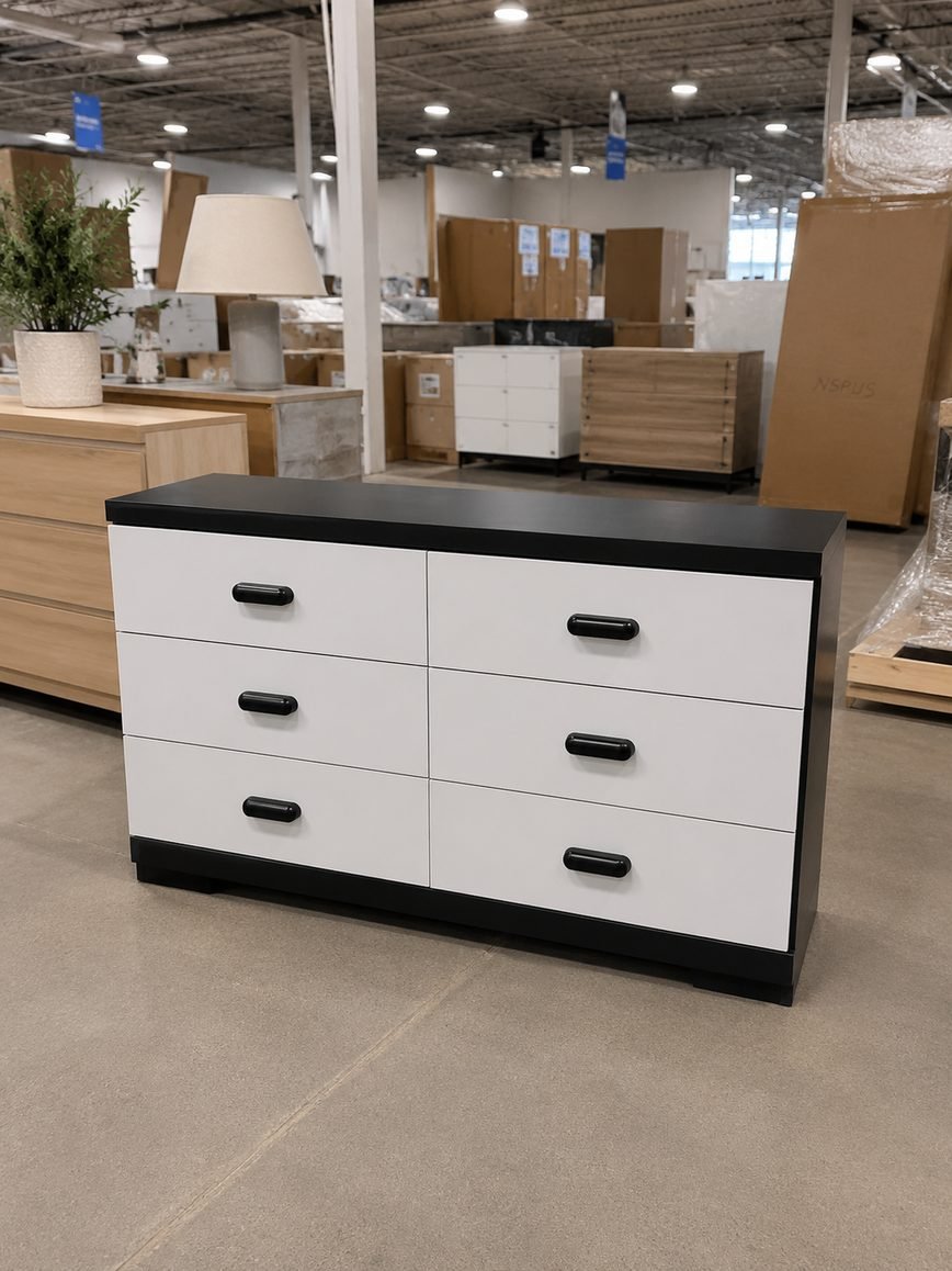 Modern White & Black 6-Drawer Dresser with Black Handles thumbnail 3