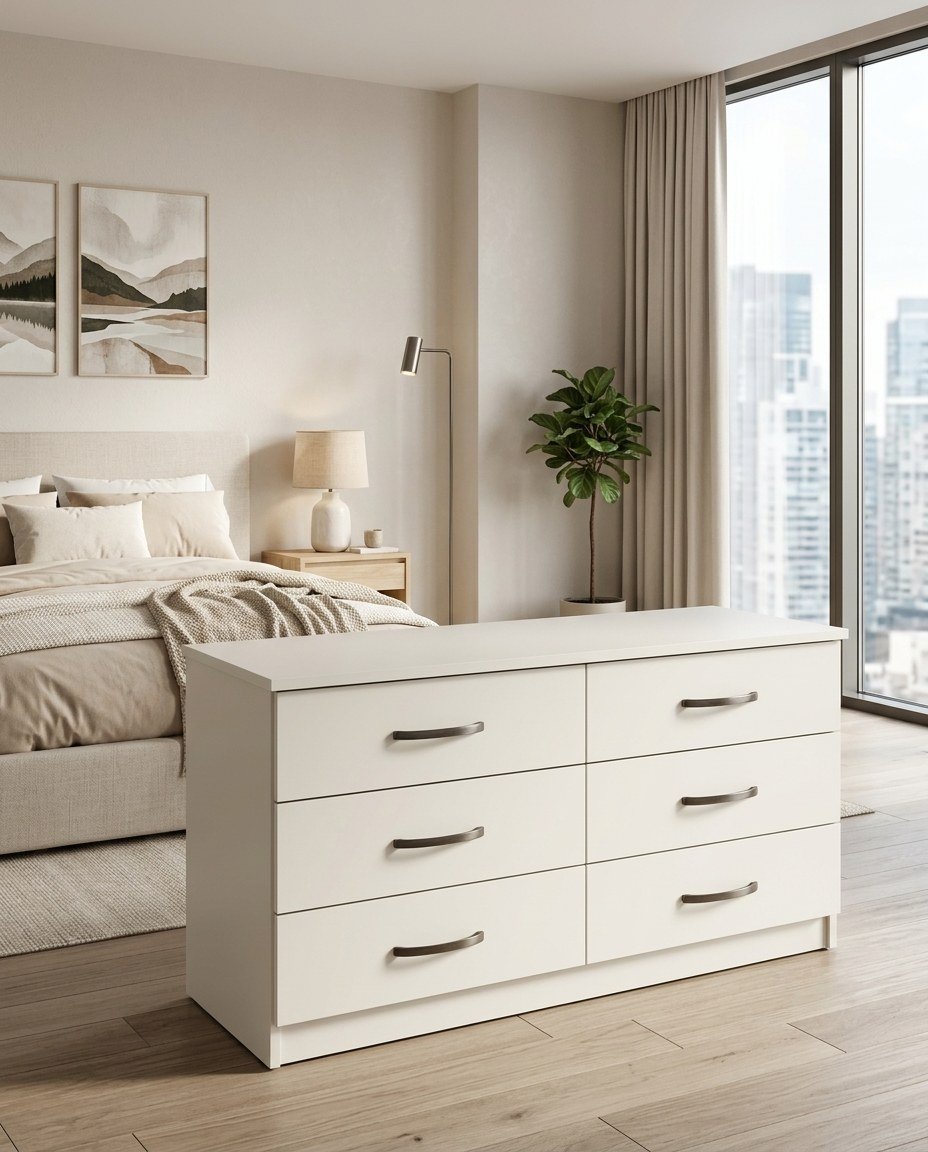Off-White 6-Drawer Dresser with Sleek Silver Handles