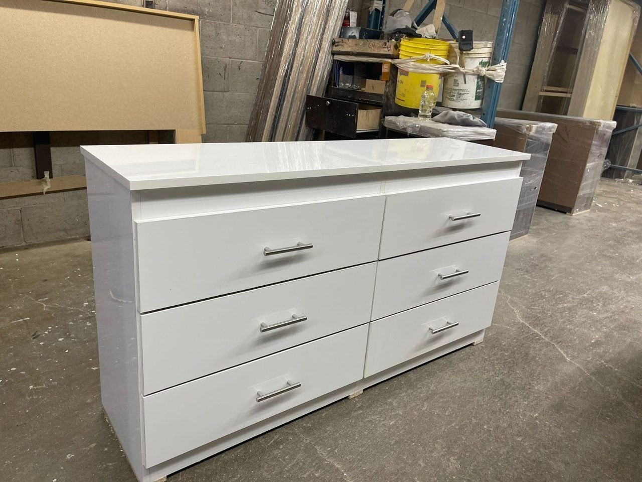 Premium High-Gloss White 6-Drawer Dresser with Silver Pull Handles