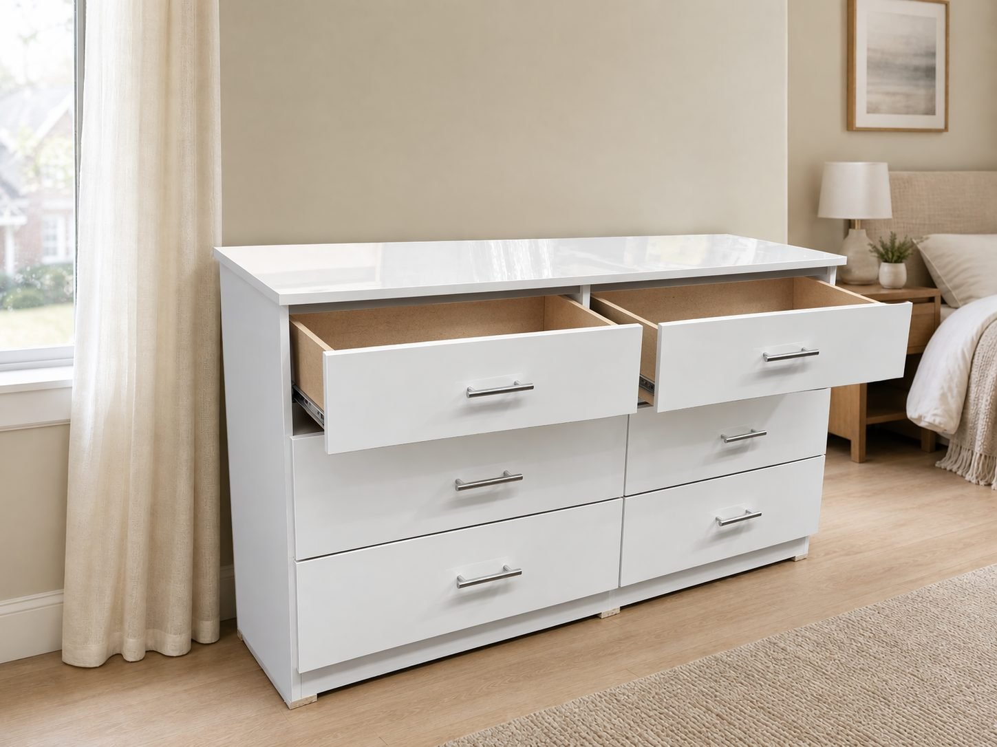 Premium High-Gloss White 6-Drawer Dresser with Silver Pull Handles thumbnail 2