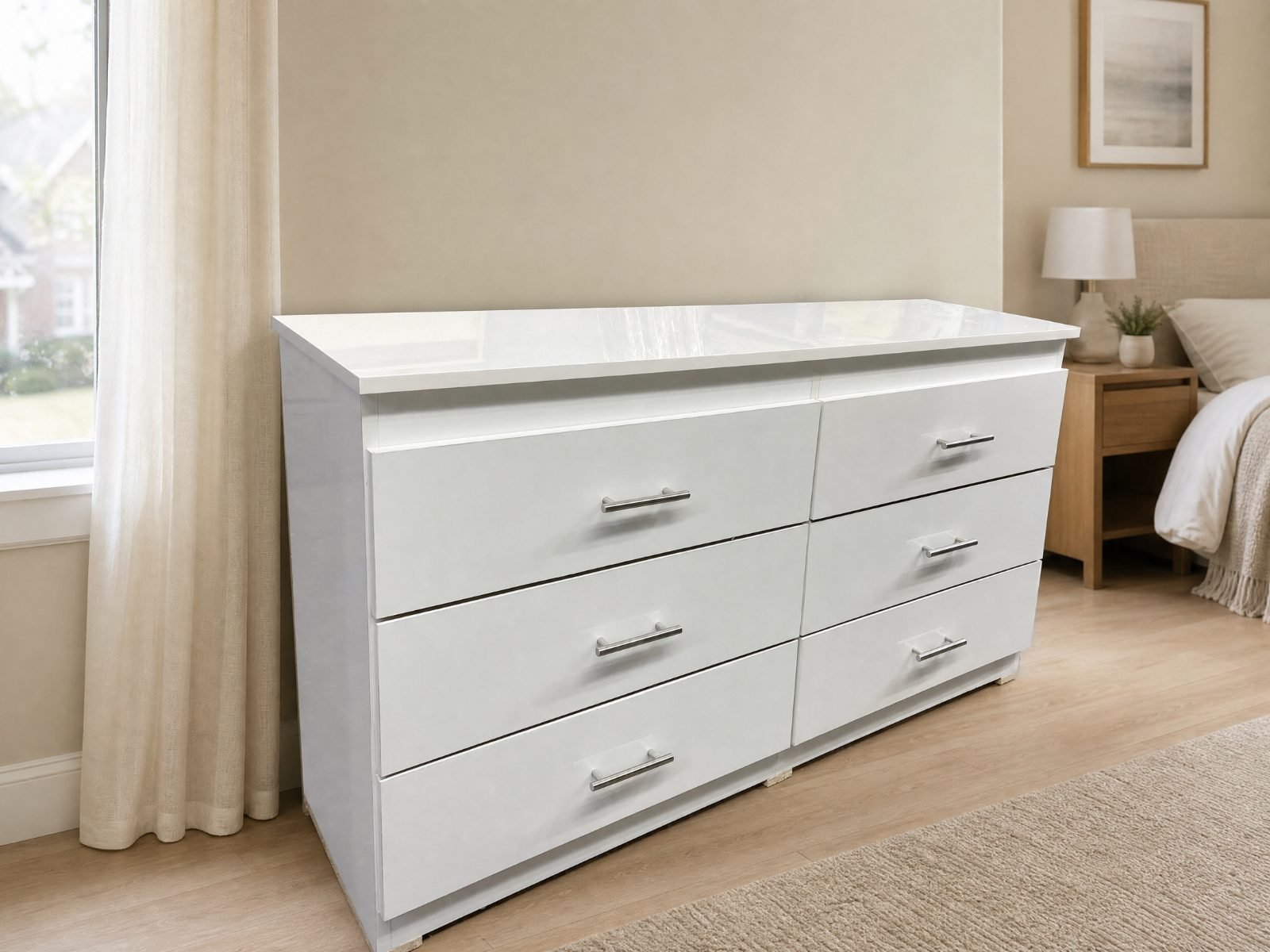  Premium High-Gloss White 6-Drawer Dresser with Silver Pull Handles thumbnail 3