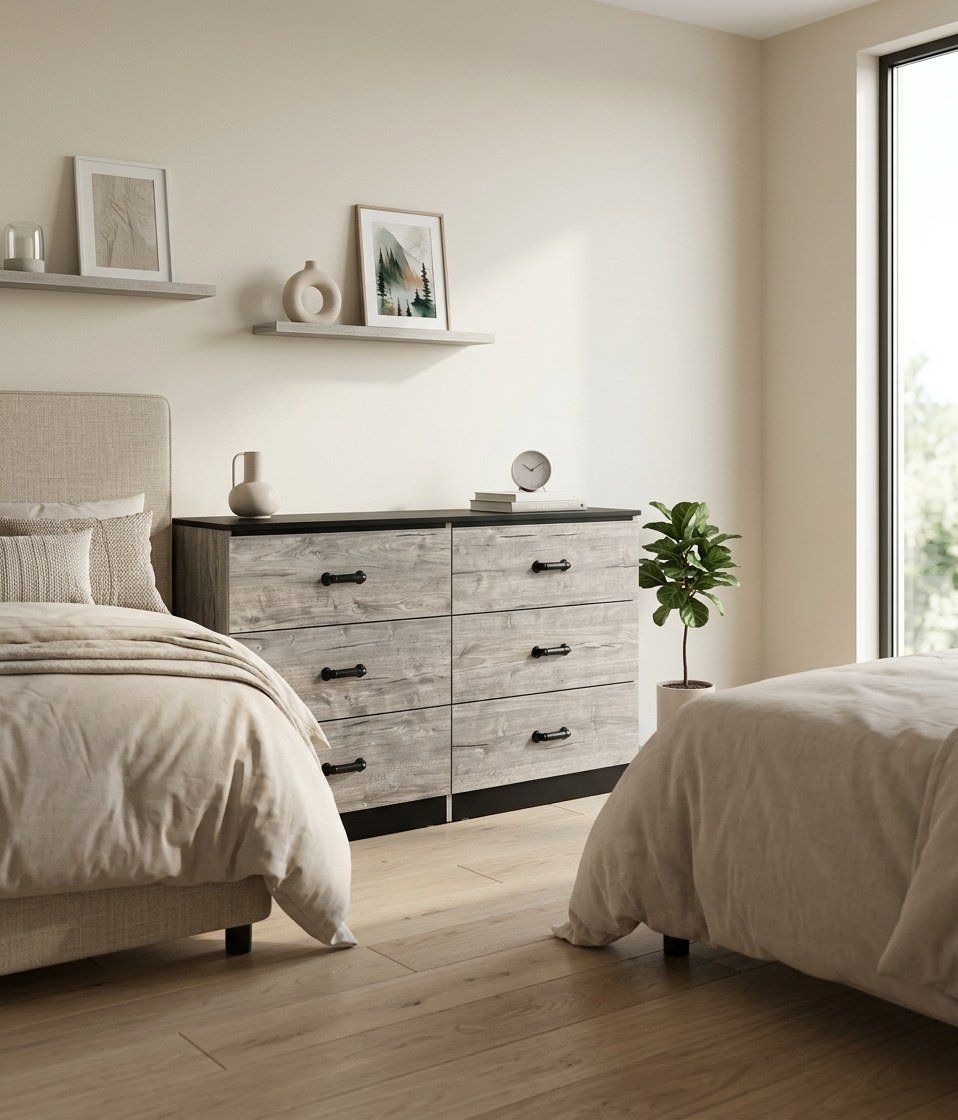  Rustic Grey & Black 6-Drawer Industrial Dresser with Matte Black Handles thumbnail 2